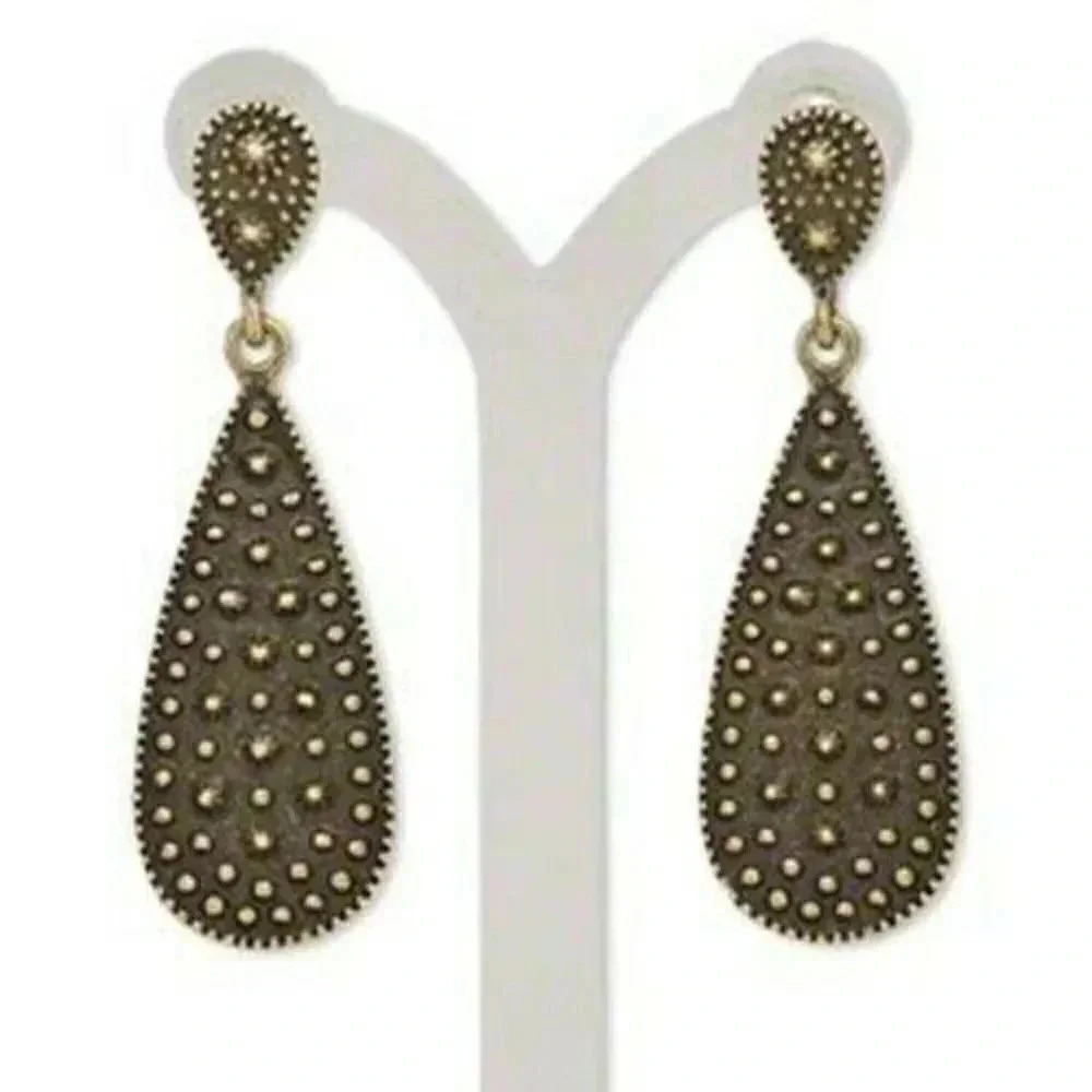 Antique Brass Dotted Vintage Steampunk Vibe Long Teardrop Earrings - Picture 1 of 1